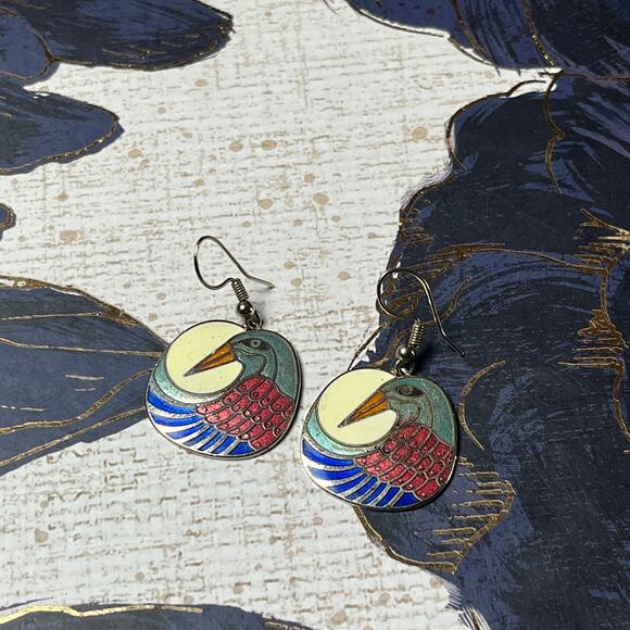 Vintage Silver Tone Enamel Cloisonne Bird Earrings - Picture 4 of 6